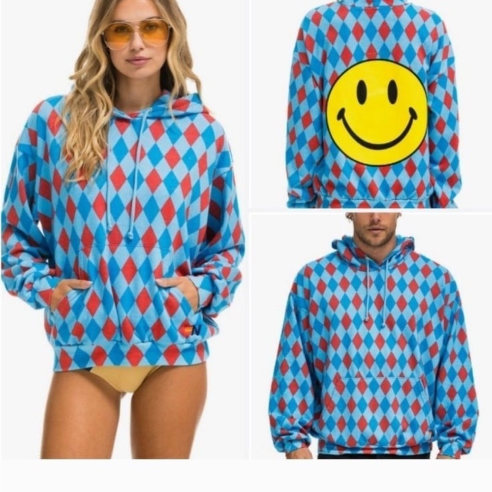 Aviator Nation Unisex DIAMOND REPEAT SMILEY RELAXED PULLOVER HOODIE Sweatshirt